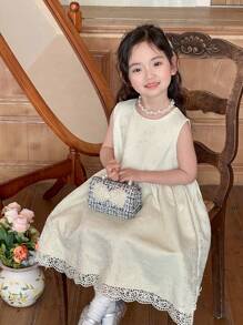 DAZY Young Girl Elegant Solid Color Jacquard Lace Trim Dress,Girls Summer Outfits