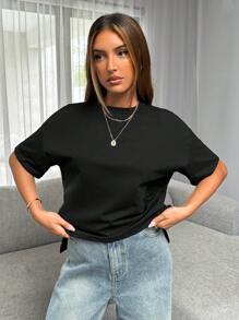 Women Simple Basic Short Front Long Back T-Shirt Black Summer Casual - Black - View 3