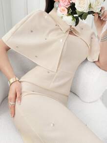 Modelyn 女士优雅水晶装饰披肩搭配吊带背心连衣裙 2 件套 - 杏色 - 查看 3