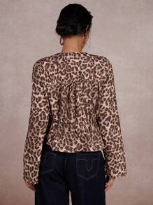 COSMINA Women Leopard Print Long Sleeve Front-Tie Shirt - Multicolor - View 2