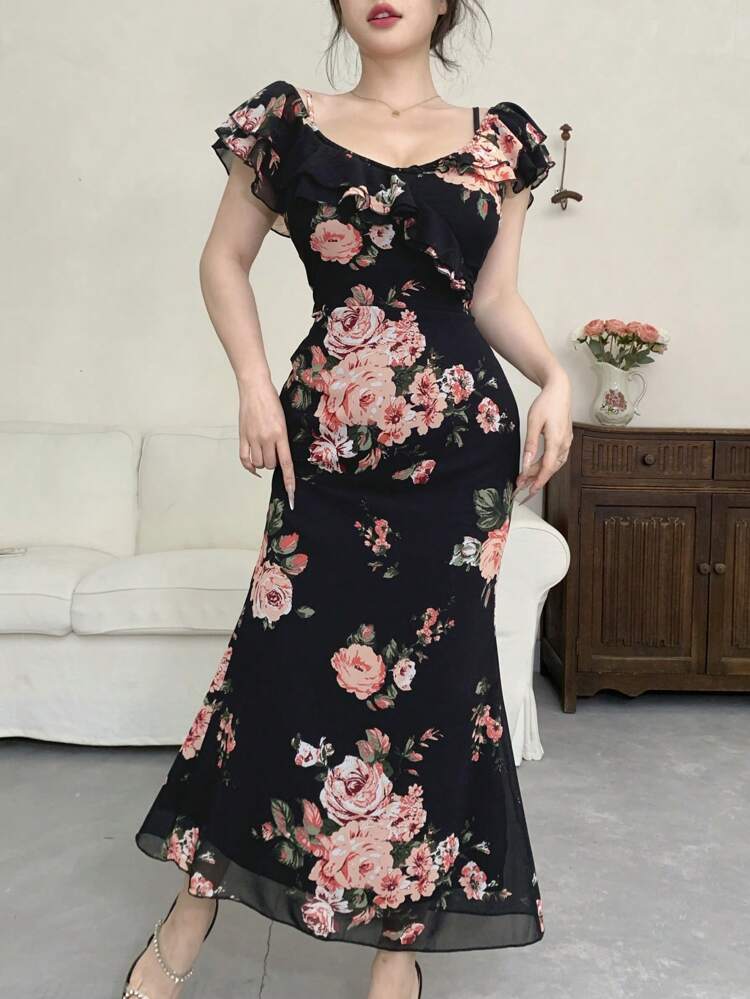 Ditsy Floral Holiday Beach Off Shoulder Slip Dress With Ruffle Hem Patchwork, Women Maxi Bodycon Dress Elegant Easter