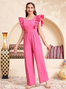 SHEIN Leap Crew Teen Girls' Cute & Cozy Cap Sleeve Square Neck Long Jumpsuit