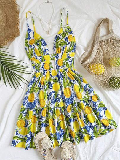 Soleia Women's Vacation Spring Colorful Lemon Print Mini Dress, Valentine's Day Outfit, Summer Outfits, Birthday Dress