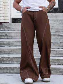 Manfinity Homme Men's Casual Vintage Design Topstitched Denim Jeans - Brown - View 3