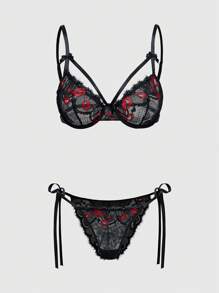 ROMWE Goth 哥特式浪漫心形笼式文胸配绑带蝴蝶结开裆内裤性感内衣套装