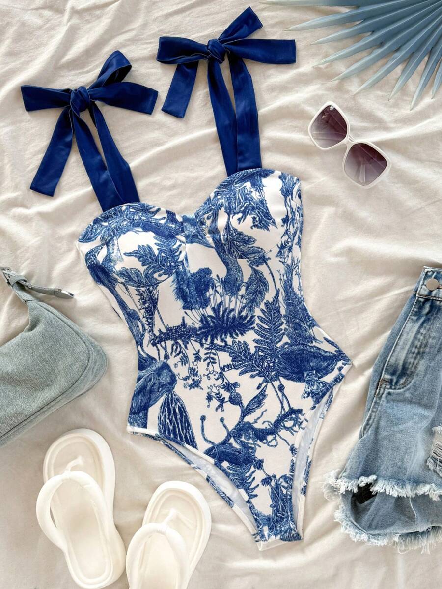 Soleia 女士休闲花卉印花紧身衣 - 藍白色 - 查看 1