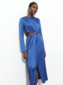 Maija Spring And Summer New Style Blue Waist Sexy Hollowed Out Metal Buckle Women's Long Dress Urban Modern Elegance Daily Casual Commuting Suitable For Going Out For Vacations, Festivals, Parties, Weddings And Dates Business Casual Women's Wear, Office Wear, Low-Key Old Money Style, Effortless Temperament, High-End Urban Commuting, The Same Style As The Editor-In-Chief Of The Magazine, Urban Social Vacation Party Wear, Charming, Low-Key And Durable Basic Style, Versatile And Not Picky Clothing, Street Fashion Wear, Clothing, Coffee Shop, Relaxed Wear