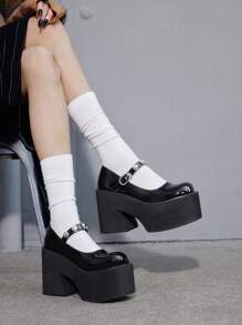 Sugerpunk 女士黑色高跟厚底玛丽珍鞋，时尚厚底秋季鞋 - 黑色 - 查看 4