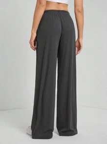 SHEIN Tall Quần ống rộng dệt kim họa tiết thêu chữ cho nữ - Xám - Xem 2