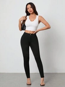 SHEIN PETITE 女士休闲紧身裤，简约时尚，适合日常穿着 - 黑色 - 查看 8