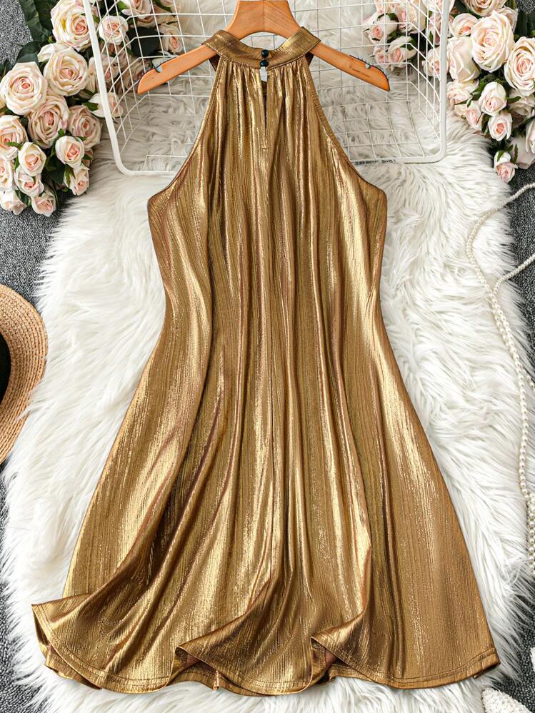 SHEIN Clasi Vestido de línea A con halter dorado, elegante y con estilo, sin mangas, adecuado para ir a trabajar, fiestas y uso diario - Dorado - Añade 2