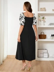 SHEIN Frenchy Plus Size Boho Elegant Romantic Minimalist Black & White Floral Print Color Block Modest Midi Dress, Suitable For Valentine's Day, Vacation, Women Midi Dress, For Summer
