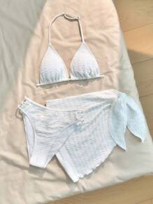 SHEIN 3 件套少女度假白色纹理针织吊带背心、比基尼泳裤和裹身裙泳衣夏季套装、沙滩装、泳衣套装 - 白色 - 查看 6