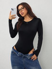 SHEIN PETITE Solid Slim Fit Spring Women Bodysuit - Black - View 5