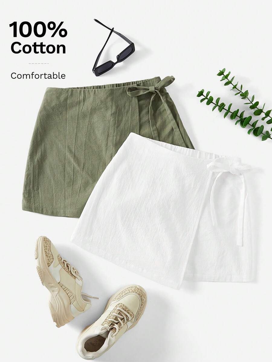 SHEIN Essnce 女士纯色打结不对称下摆休闲短裤，夏季两件装，带蝴蝶结的白色短裤，女士亚麻短裤 - 彩色 - 查看 1