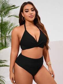 Swim Basics Costume da bagno a due pezzi da donna taglie forti, colore tinta unita, con collo a canottiera, set minimalista alla moda, ideale per la spiaggia e le vacanze estive
