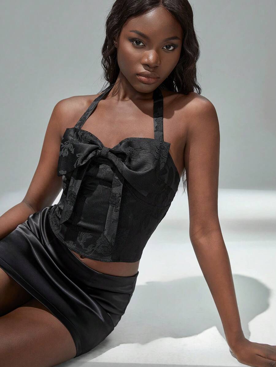 SHEIN Unity Women's Elegant Solid Color Bowknot Decor Halter Top - Black - View 1