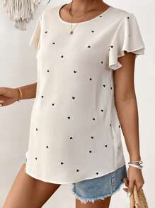 SHEIN Maternity Heart Print Ruffle Trim Casual Vacation Shirt - Apricot - View 7