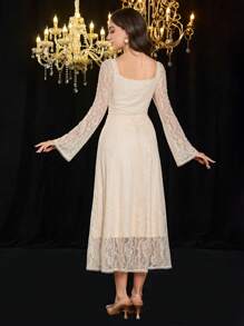 Modelyn Women's Elegant French Vintage Lace Fabric Square Neck Backless A-Line Long Sleeve Dress Fall Cloth For Women - Apricot - View 2