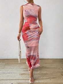 Chiquease Vestido largo elegante de mujer con estampado de teñido anudado, cuello de pie, plisado y silueta esbelta para el verano - Rosa - Ver 6