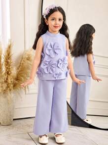 SHEIN 2pcs Set Young Girl Elegant Mock Neck Floral Top & Pants Holiday Outfits - Purple - View 6