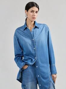 Ontre 女士牛仔衬衫，休闲修身长袖，蓝色 - 中等水洗藍 - 查看 1