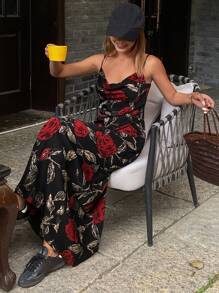 DAZY 女士盛开的花卉玫瑰印花吊带裙，夏季假日度假长裙巡航女士服装太阳裙 - 黑色 - 查看 4