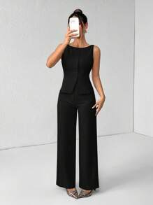 SHEIN PETITE Women's Solid Color Round Neck Single-Breasted Vest And Pants Elegant Commuter Suit, Summer Fall Women Clothes Women Set Office Wear Business Casual Women Two Pieces Outfits Fall Women Office Wear Women Set Women Blazers Set