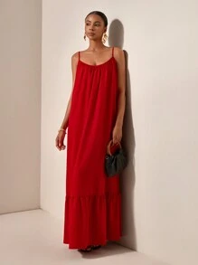 Zivah Vacation Red  Loose Fit Spaghetti Strap Smocked Ruffle Hem Backless Cami  Long Dress
