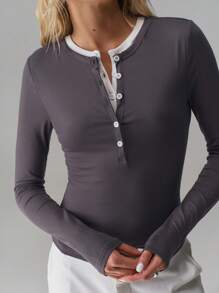 TRNVIE 1 件百搭撞色二合一舒适长袖 T 恤 - 灰色 - 查看 3