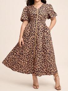 Comfylo Vestidos de verão plus size femininos com estampa de leopardo e manga bufante - Multicolorido - Ver 8