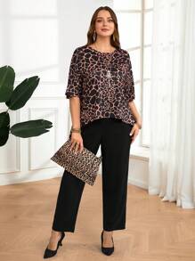 EMERY ROSE 2pcs Plus Size Women Full Print Short Sleeve Top And Pants Set,Elegant Women Clothes,Summer Outfits For Women/Summer,Summer Clothes,Vacation Outfits Woman / Vacation,Modest Clothes - Multicolor - View 6