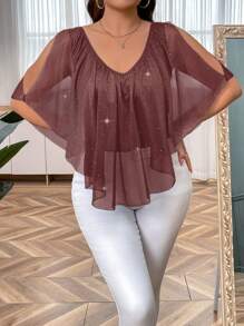 SHEIN Clasi Plus Size Fashionable Heat Transfer Silver Mesh Sheer Patchwork T-Shirt - Pink - View 1