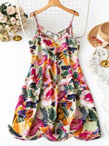 SHEIN LUNE Vestido casual de tirantes con estampado de pinceladas para mujer de talla grande, conjunto de vestidos de verano para vacaciones, ropa de playa de mujer, vestido de camiseta con estampado abstracto brillante para festivales
