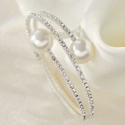 Rhinestone & Faux Pearl Decor Bangle Winter Gifts