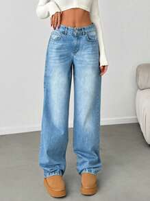 EURMUSE Low Waist Back Detailed Straight Jean - Medium Wash - View 3