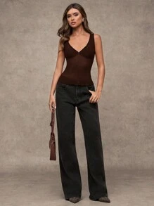 SHEIN BAE 夏季性感花卉印花豹纹复古图案蕾丝女式修身长款背心裙 - 咖啡棕 - 查看 1