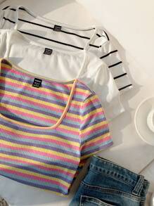 Comfortcana 3Pcs Knit Women Slim Fit Casual Daily Wear T-Shirt,Versatile & Fashionable , Spring / Summer - Multicolor - View 4