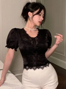 DAZY Bodycon Lace Top With V-Neck Short Sleeve, Elegant For Weddings And Banquets,Crop Tops Women - Black - View 4