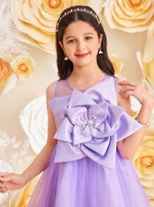 SHEIN Tween Girl Elegant Round Neck Mesh Patchwork 3D Floral Decor Party Dress - Purple - View 4