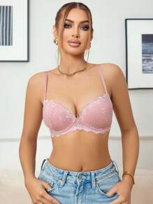 1 件优质蕾丝聚拢支撑厚杯钢圈女士内衣文胸 - 粉色 - 查看 4