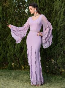 Modelyn Women's Elegant Solid Color Ruffle Flare Sleeve Dress - Dusty Purple - View 3