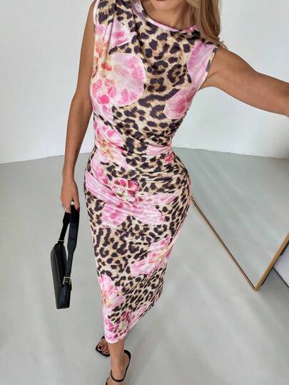 Siren Gaze Women's Leopard Floral Print Fitted Sleeveless Dress Brown Summer Cheetah Vacation Casual