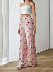 RueChic Women Cotton All Over Bow Pattern Wide Leg Sleep Bottom - Multicolor - View 5