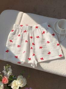 Comfortcana Women's Spring Red Valentine Casual Simple Bow Embroidery Shorts - White - View 4