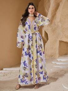 Al Najma 女士花卉印花雪纺浪漫优雅奢华土耳其和阿拉伯风格长裙