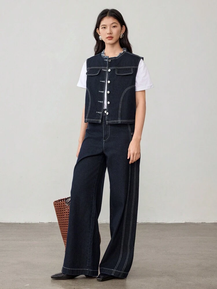 Ensemble femme en jean 2 pièces de couleur unie, style old money, décontracté chic pour le travail