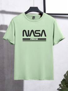 Manfinity Homme Men's Letter Print Crew Neck Short Sleeve Casual T-Shirt - Mint Green - View 3