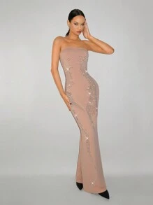 SHEIN ICON 修身版型贴身水钻镶嵌连衣裙 - 卡其色 - 查看 1