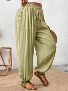 SHEIN Clasi Elegant Women's Pleated, Textured, Green Loose Belted Long Pants With Pockets, Suitable For Summer & Spring, Plus Size - Green - View 1
